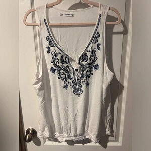 Maurice’s size 2 white tank top with blue embroidery.